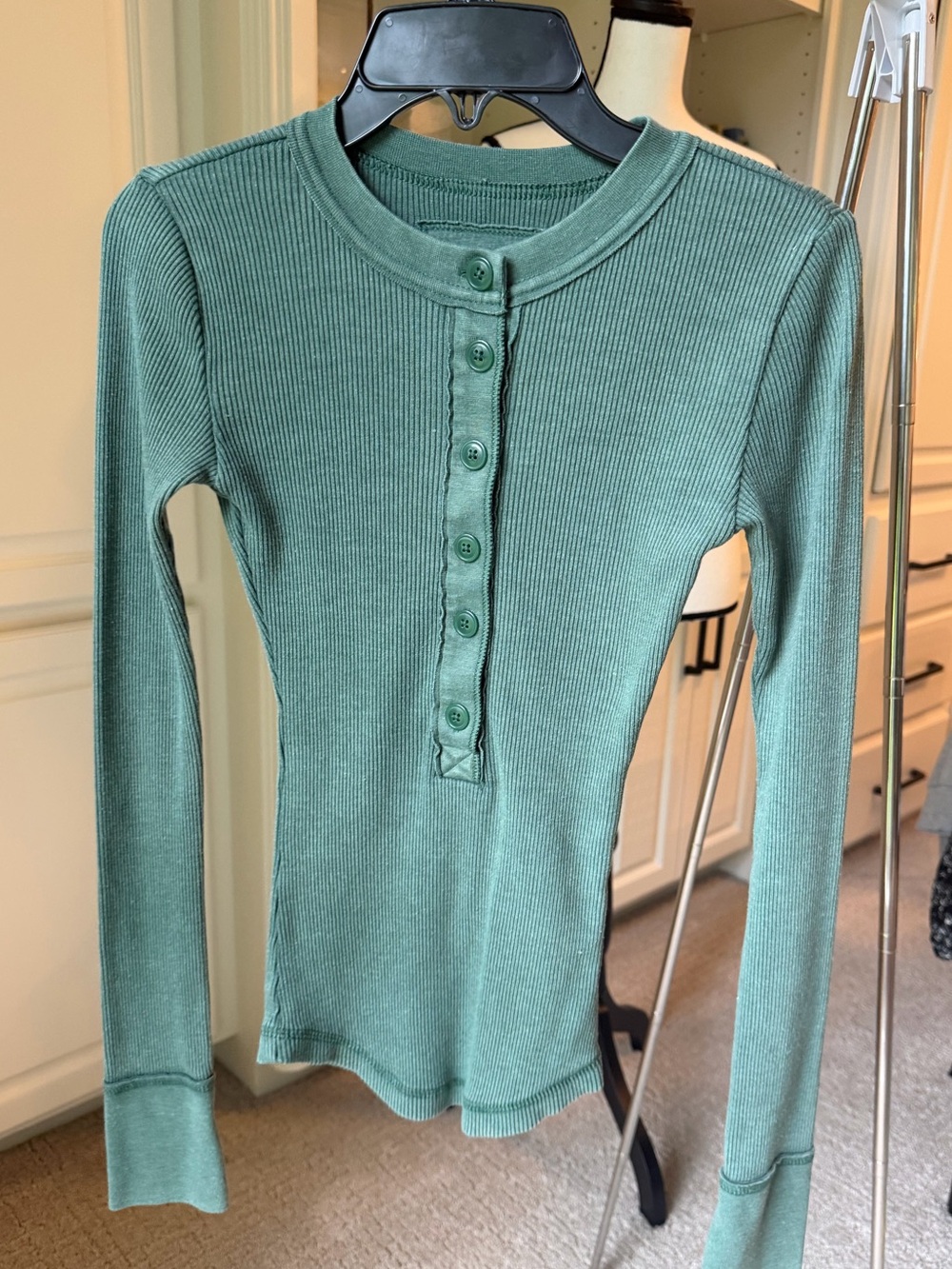 Aerie Teal Green Ribbed Henley Long Sleeve Top